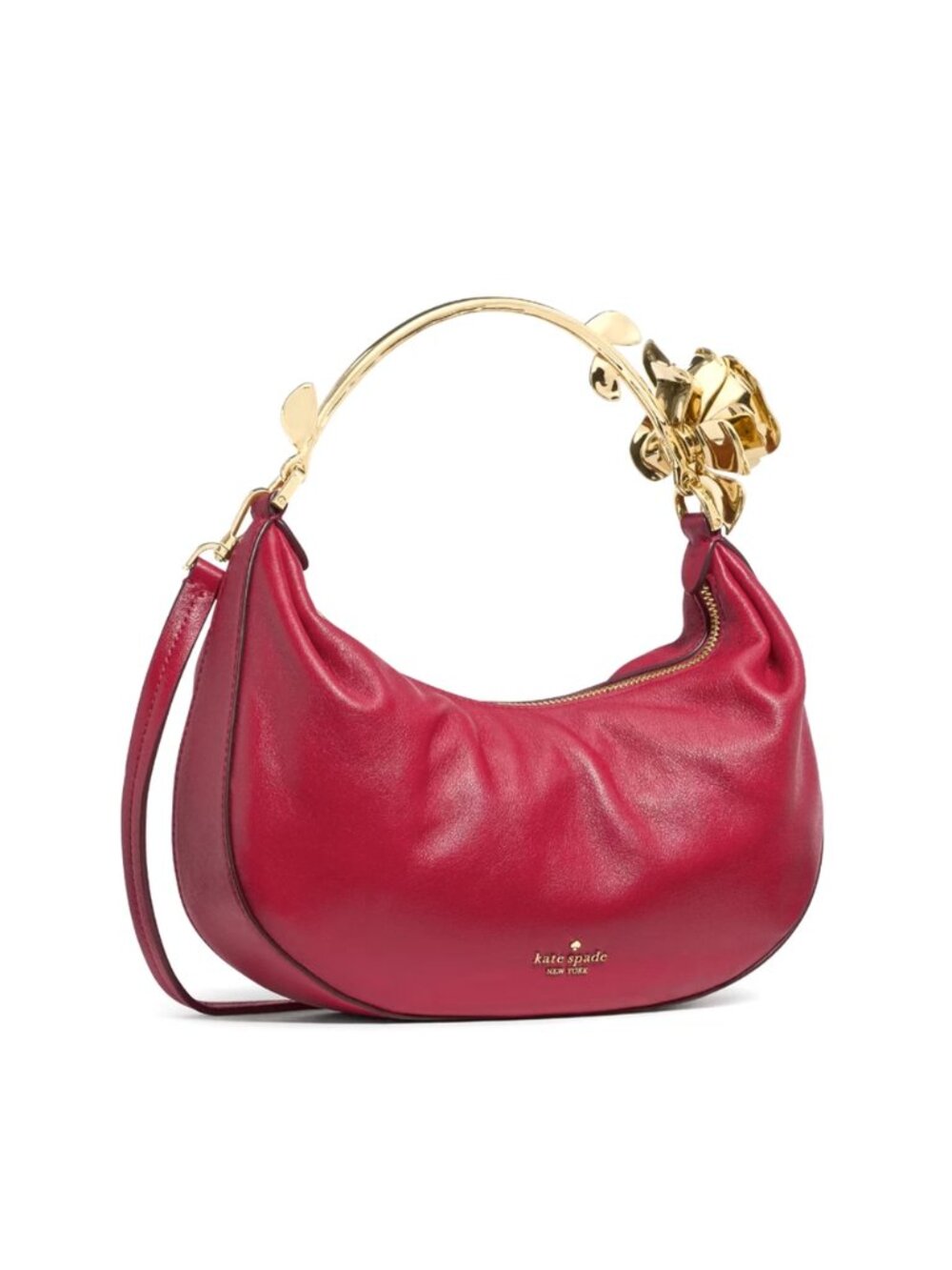 New Kate Spade Selene Metal Floral Handle Bag Smooth Leather Red Jam